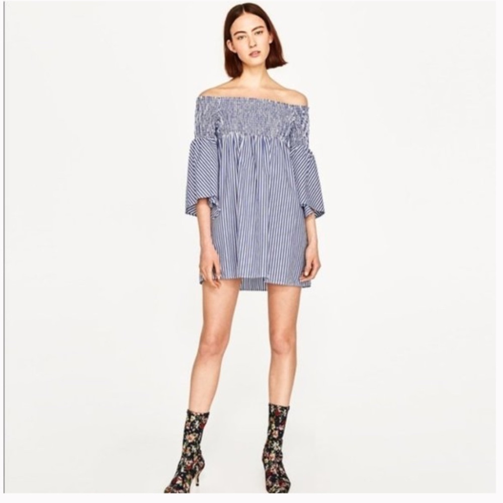 Zara Blue and White Striped Off-Shoulder Dress